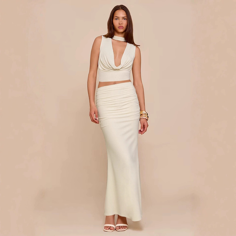 Zara Sleeveless Turtleneck Halter Top and Pleated Long Dress 2-Piece Set